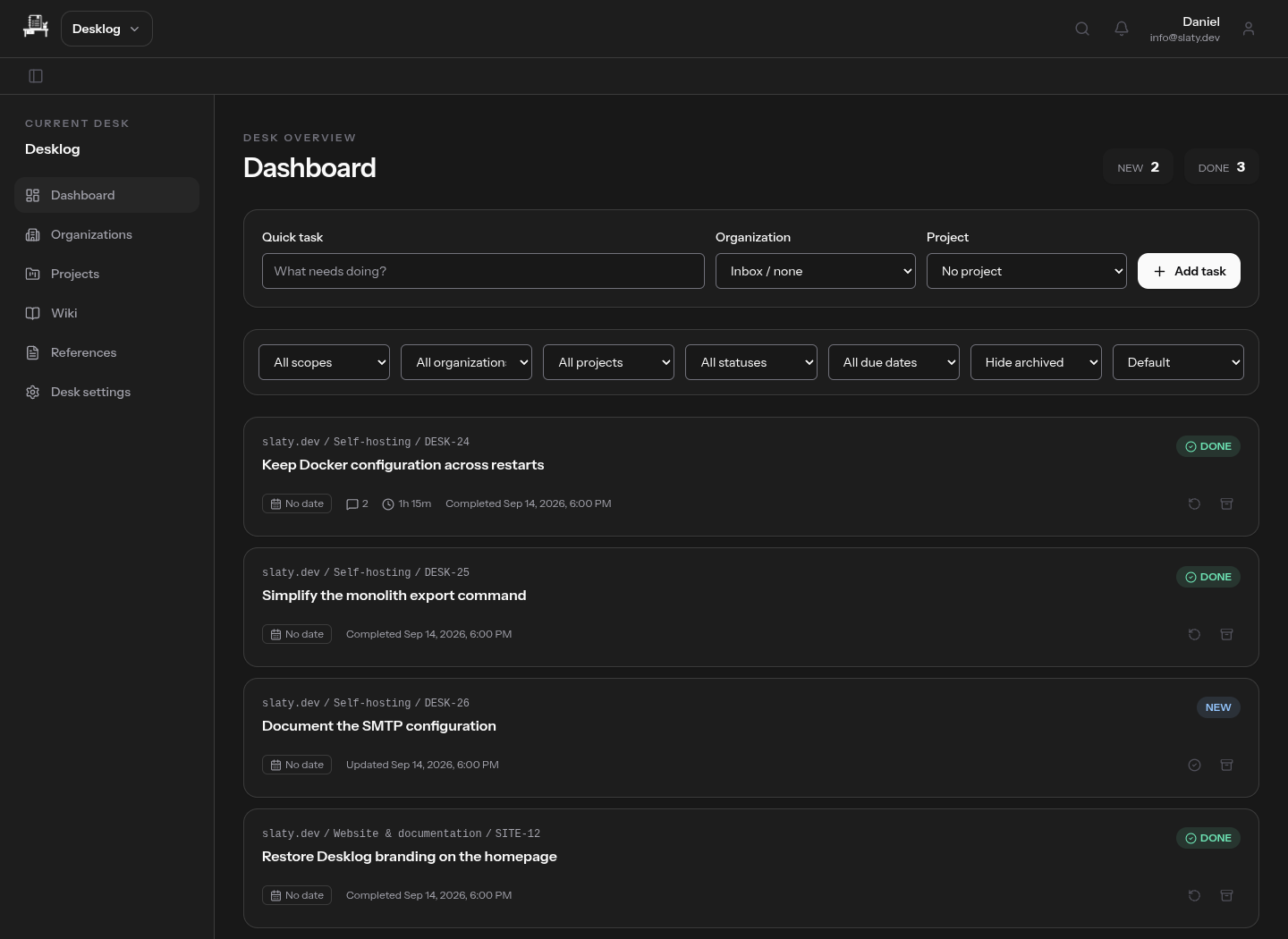 Desklog dashboard with Docker setup, migration and website tasks grouped by status